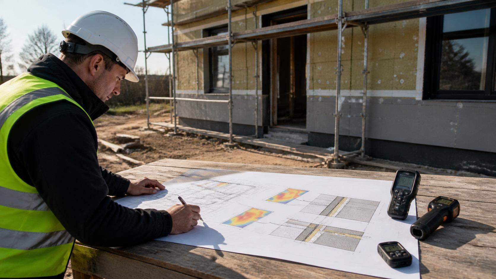 Diagnostiqueur consultant un plan sur un chantier